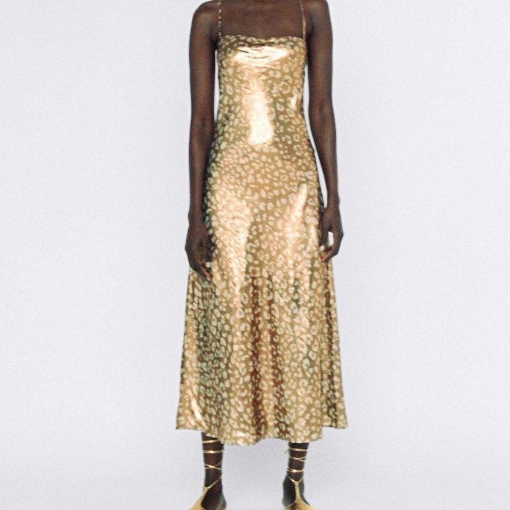 Metallic gold colored leopard-print, size Medium, gown, party, evening.